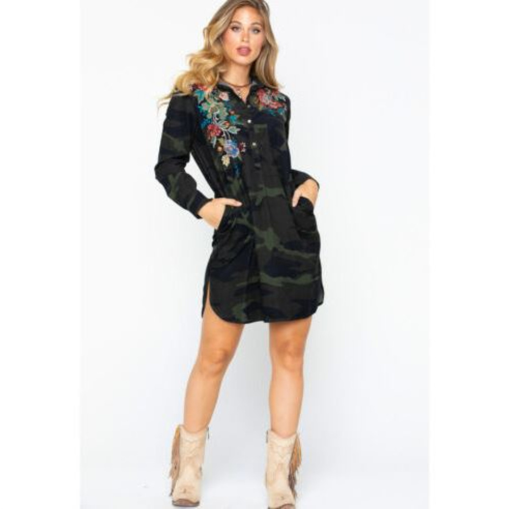 Johnny Was Workshop Tyrell Collared Camo Dress NEW